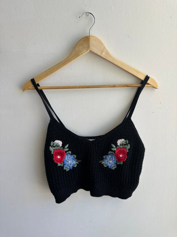 American Eagle Cropped Knit Tank Top | Black | Size Medium