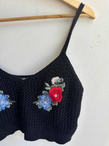 American Eagle Cropped Knit Tank Top | Black | Size Medium