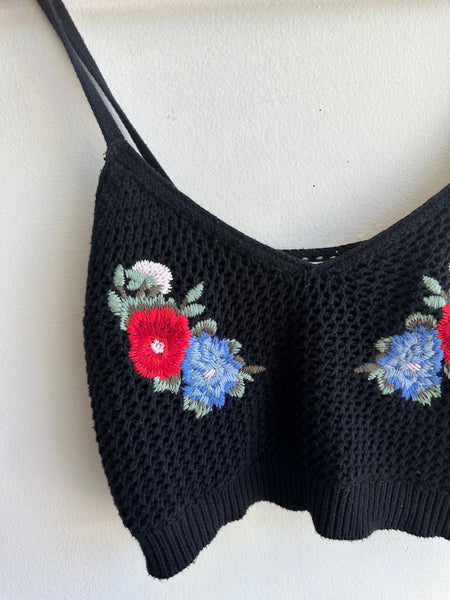 American Eagle Cropped Knit Tank Top | Black | Size Medium