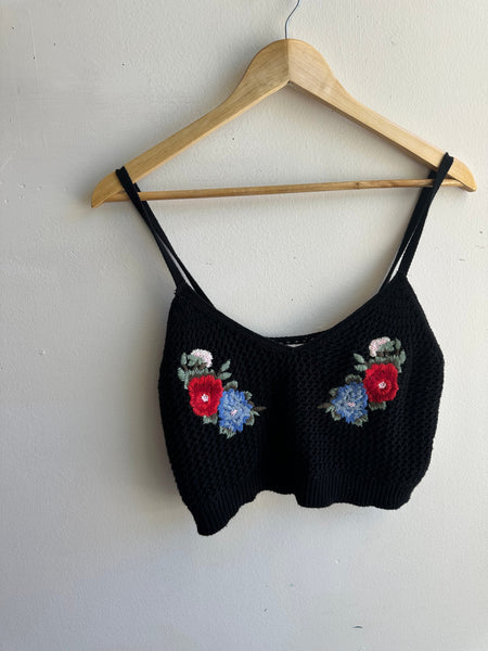 American Eagle Cropped Knit Tank Top | Black | Size Medium