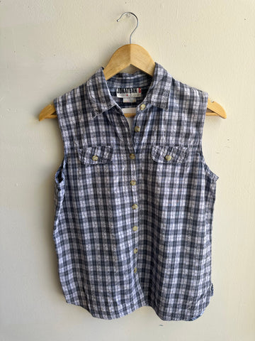 Vintage Blue Plaid Sleeveless Button Up Top | Size Medium | Cotton