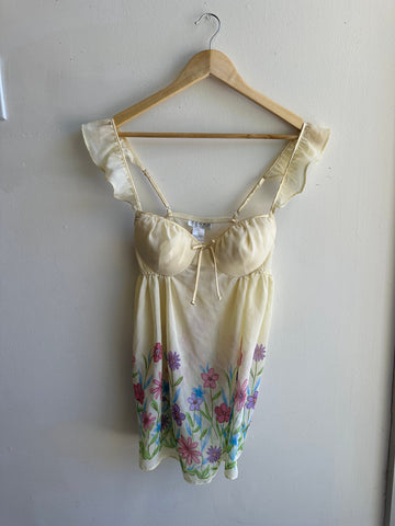 Vintage Butter Yellow Floral Ruffle Sleeve Tank Top | Size Small