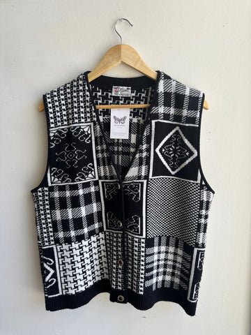 Vintage Black + White Patchwork Patterned Knit Vest | Size Large | Made in Canada