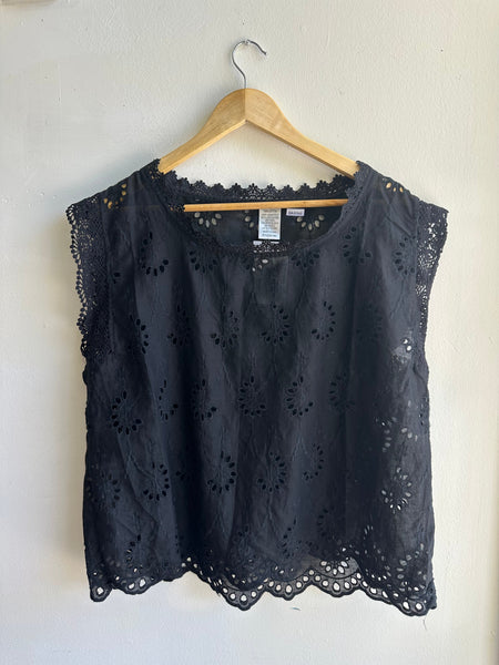 Black Eyelette + Lace Boxy Cotton Tank Top | Size XL