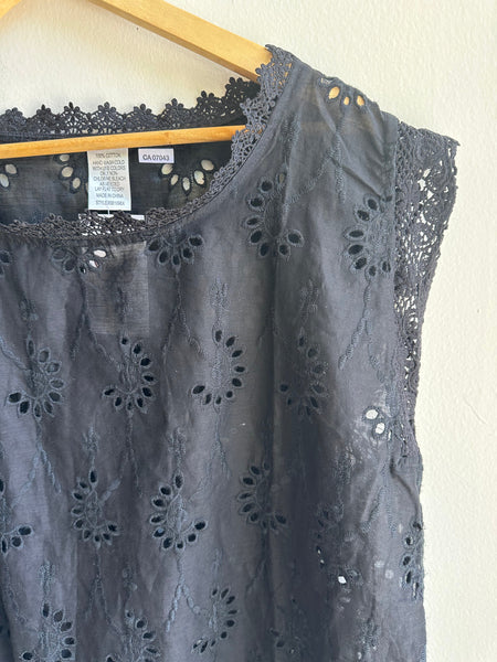 Black Eyelette + Lace Boxy Cotton Tank Top | Size XL