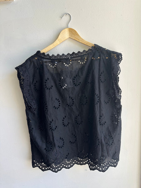 Black Eyelette + Lace Boxy Cotton Tank Top | Size XL