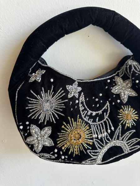 Velvety Black Beaded Sun + Moon Purse