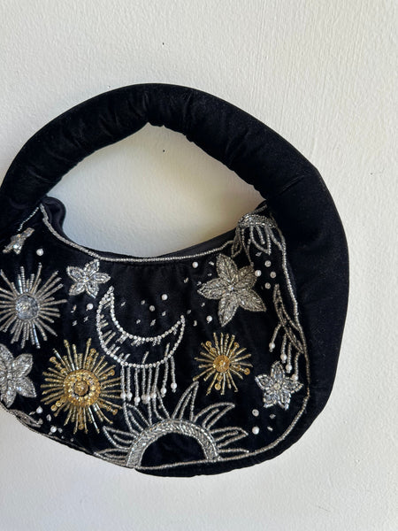 Velvety Black Beaded Sun + Moon Purse