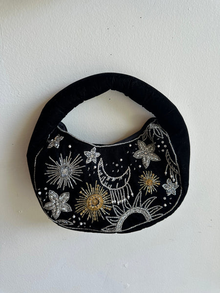 Velvety Black Beaded Sun + Moon Purse