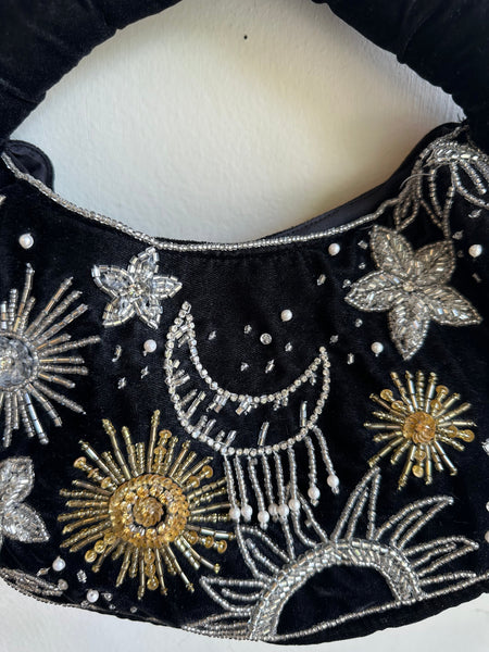 Velvety Black Beaded Sun + Moon Purse