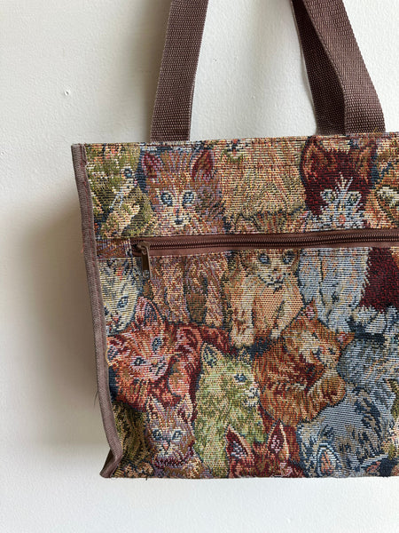Vintage Kitty Cat Tapestry Zippered Tote Bag
