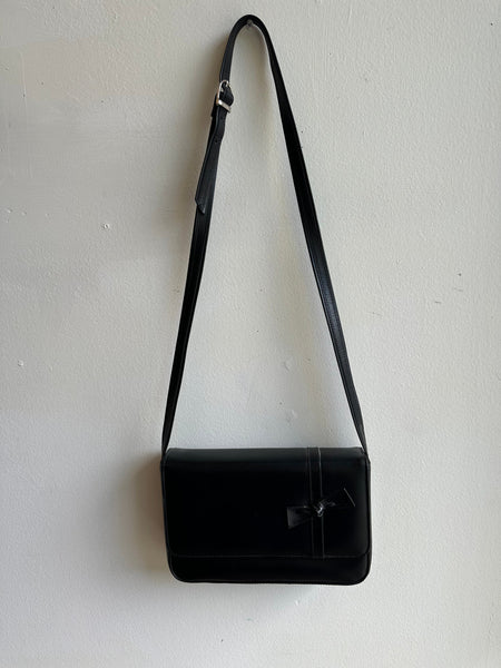 Vintage Black Leather Structured Cross Body Bag With Bow Detail | Made in Canada