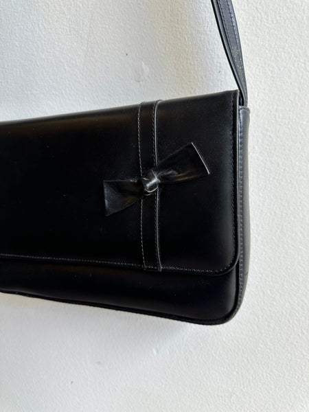 Vintage Black Leather Structured Cross Body Bag With Bow Detail | Made in Canada