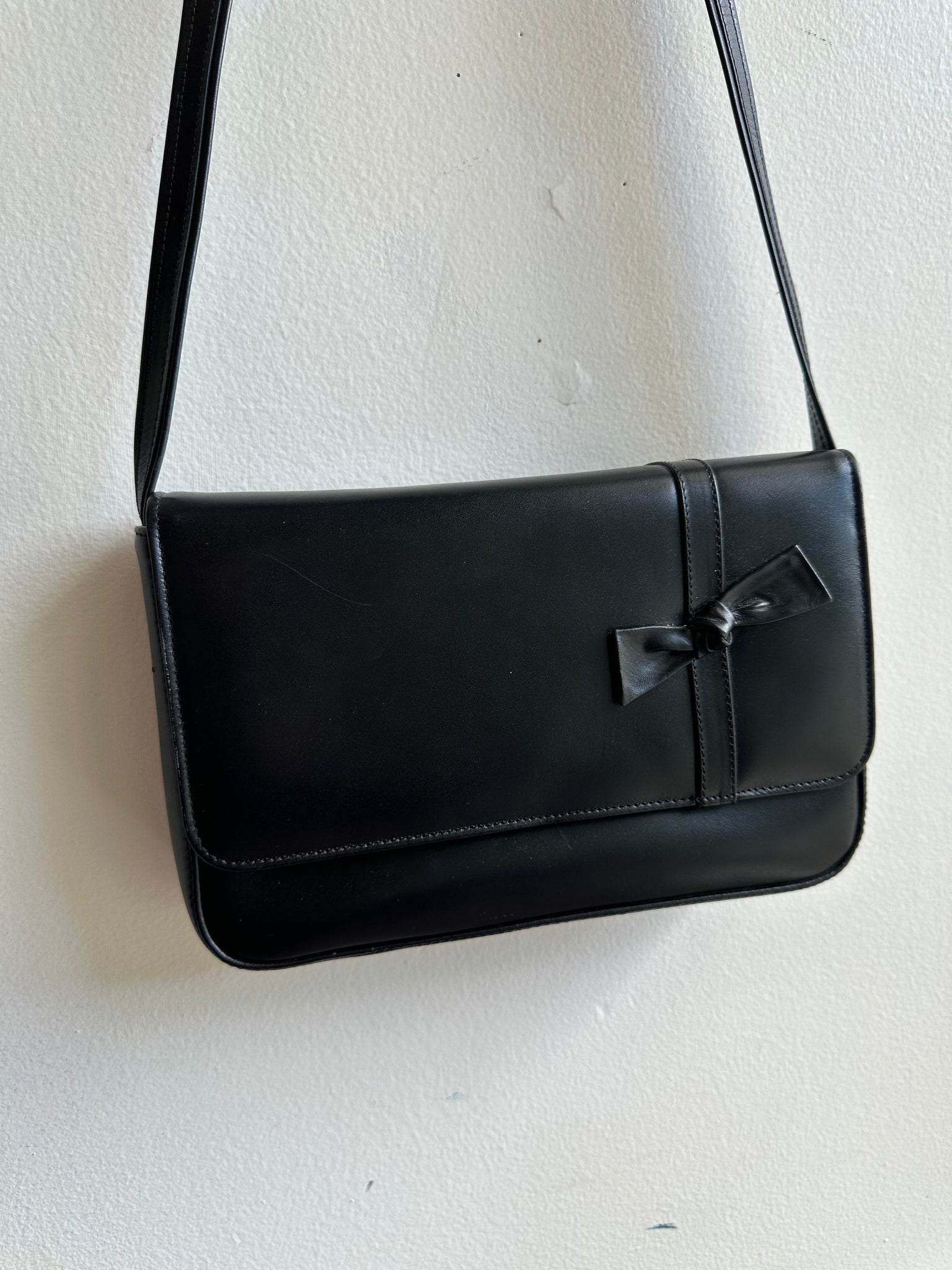 Vintage Black Leather Structured Cross Body Bag With Bow Detail | Made in Canada