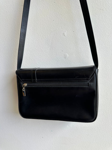 Vintage Black Leather Structured Cross Body Bag With Bow Detail | Made in Canada