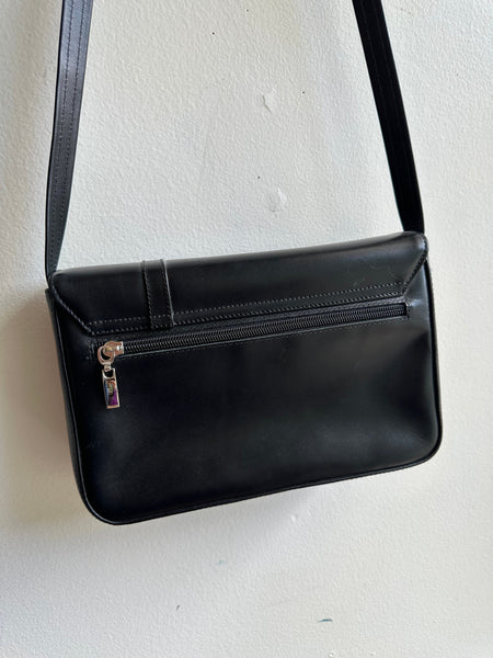 Vintage Black Leather Structured Cross Body Bag With Bow Detail | Made in Canada