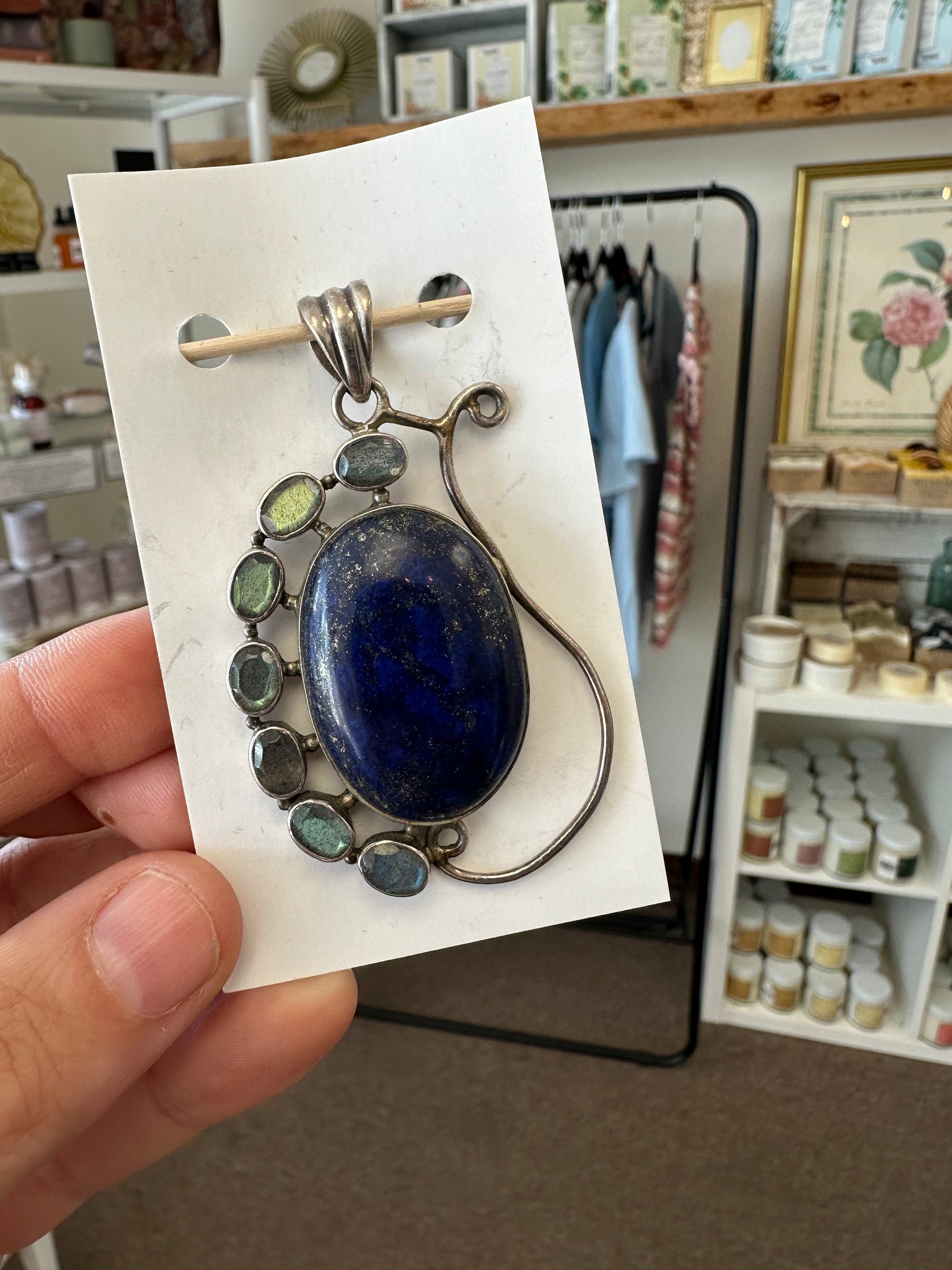 Vintage Lapis Lazuli Oval Handcrafted Silver Pendant with Moonstone Accents