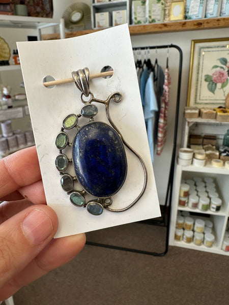 Vintage Lapis Lazuli Oval Handcrafted Silver Pendant with Moonstone Accents