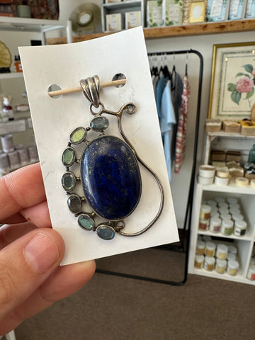 Vintage Lapis Lazuli Oval Handcrafted Silver Pendant with Moonstone Accents