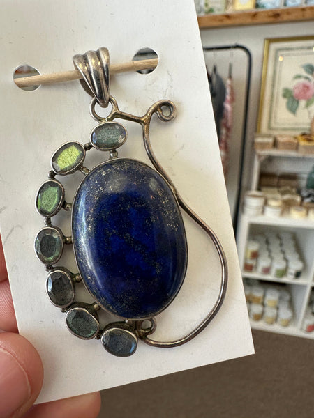 Vintage Lapis Lazuli Oval Handcrafted Silver Pendant with Moonstone Accents