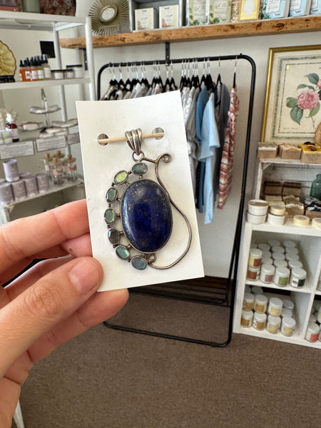 Vintage Lapis Lazuli Oval Handcrafted Silver Pendant with Moonstone Accents