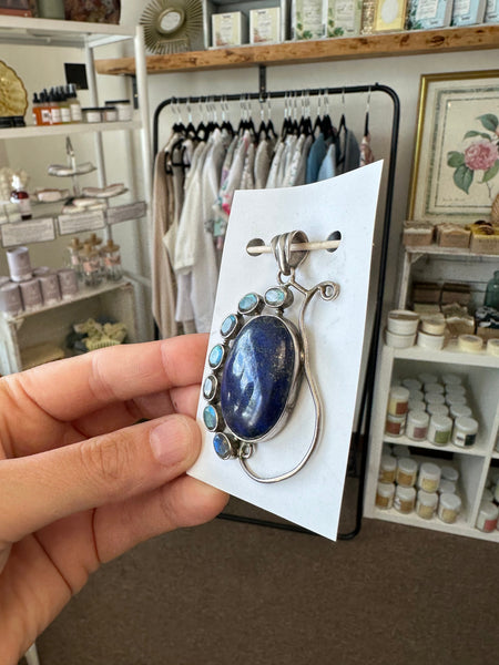 Vintage Lapis Lazuli Oval Handcrafted Silver Pendant with Moonstone Accents