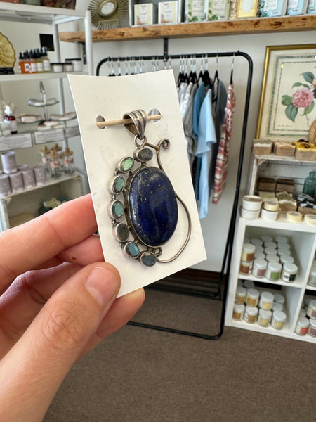 Vintage Lapis Lazuli Oval Handcrafted Silver Pendant with Moonstone Accents