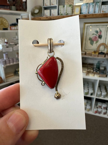 Vintage Art Deco Red Coral Silver Necklace Pendant