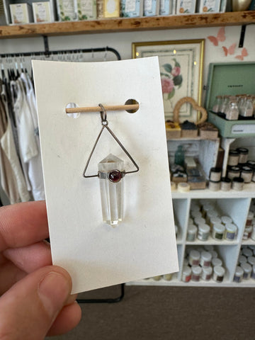 Vintage Clear Quartz With Garnet Silver Pendant