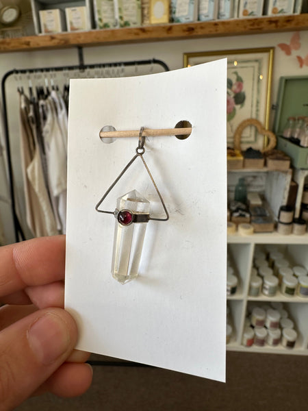 Vintage Clear Quartz With Garnet Silver Pendant