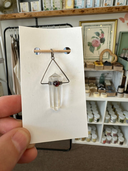 Vintage Clear Quartz With Garnet Silver Pendant