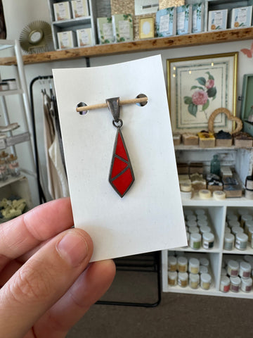 Vintage Geometric Red Coral Silver Necklace Pendant