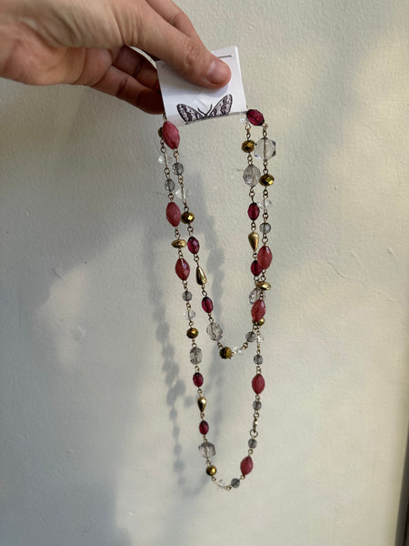 Vintage Beaded Pink + Gold Chain Link Layering Necklace