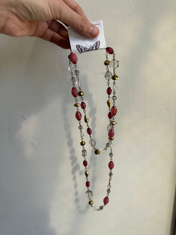 Vintage Beaded Pink + Gold Chain Link Layering Necklace