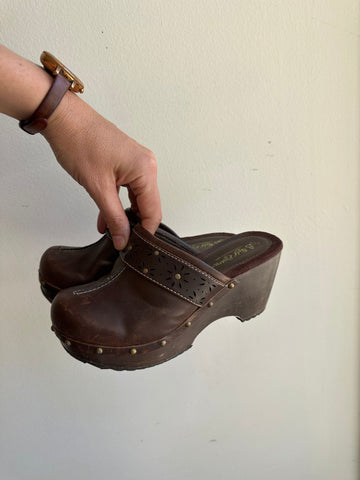 Vintage Y2K Studded Brown Leather + Wood Clogs | Size Women’s 6