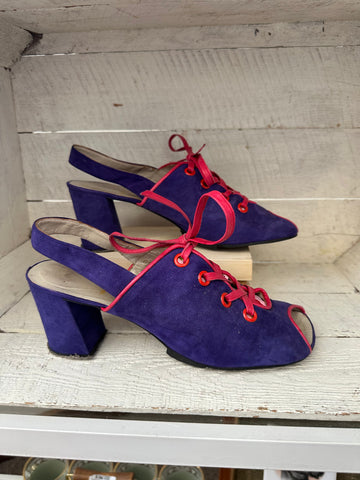 Vintage 1960s Pavel Lace Up Pink Leather and Suede Block Heel Sandals | Made in Spain | Women’s Size 8