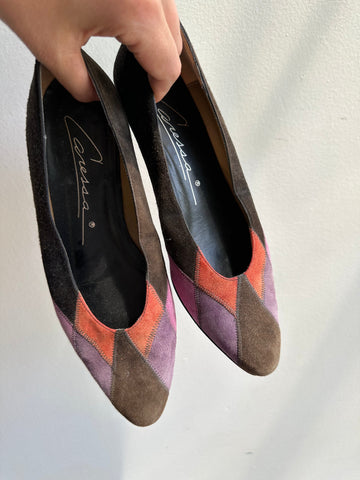 Vintage Caressa 1980s Tri-Colored Suede Flats | Made in Spain | Size Women’s 7.5