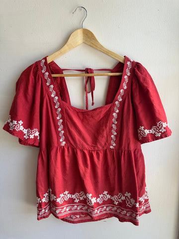 Embroidered Crimson Peasant Blouse | Vintage Boho Charm | Size Medium