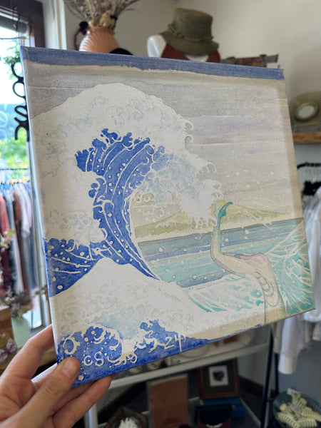 Gay Saunders Original Water Colour Canvas | Hokusai Wave & Diver