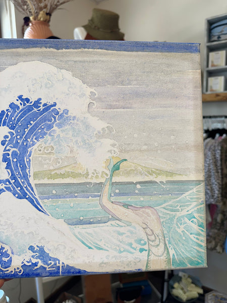 Gay Saunders Original Water Colour Canvas | Hokusai Wave & Diver