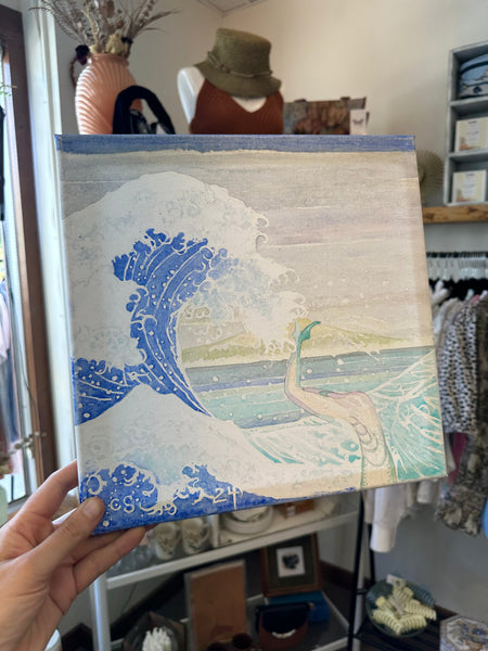 Gay Saunders Original Water Colour Canvas | Hokusai Wave & Diver