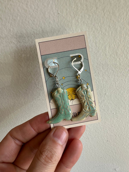 Earth to Ember | Handmade Ceramic Cowboy Boot Earrings | Teal