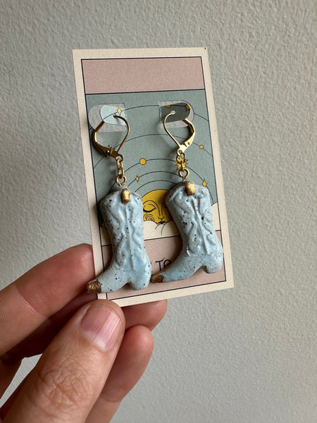 Earth to Ember | Handmade Ceramic Cowboy Boot Earrings | Blue