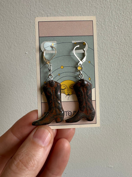 Earth to Ember | Handmade Ceramic Cowboy Boot Earrings | Brown