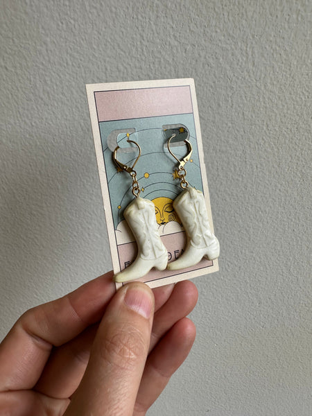 Earth to Ember | Handmade Ceramic Cowboy Boot Earrings | White