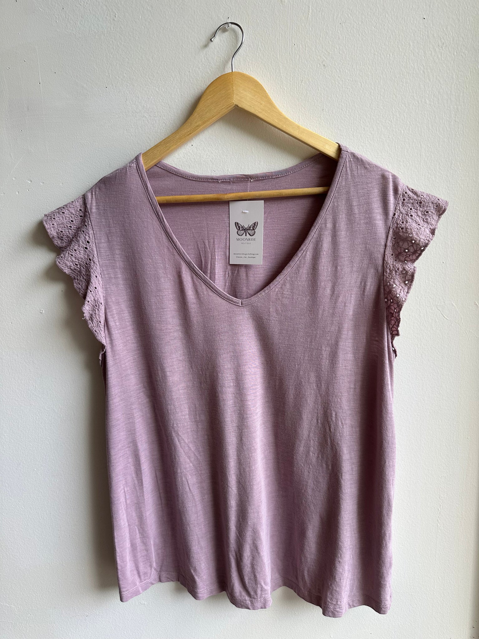 Lavender Lace Flutter Tee | Soft & Feminine | Size Large
