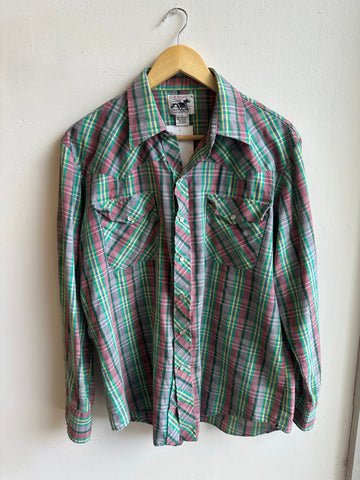 Vintage Bronco Plaid Western Snap Shirt | Size Large