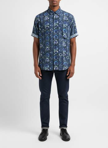 Vintage South Rayon Button-Up – Geometric Tribal Print (Fine Line) | Size Large