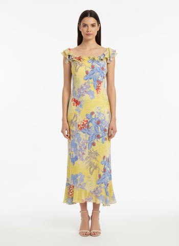 Vintage Cartise Ruffle-Shoulder Floral Dress – Lemon Zest & Lilac Bloom | Size 4