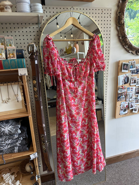 Floral Puff-Sleeve Midi Dress – Square Neckline in Rosy Bloom | Size Med/Large